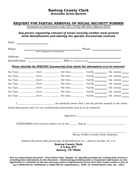 Request For Partial Removal Of Social Security Number, Bastrop County form, first page