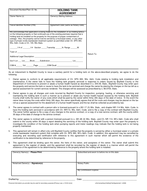 Holding Tank Agreement, Bayfield County form, first page