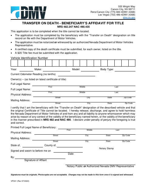 VP241 Transfer on Death Beneficiary’s Affidavit for Title first page