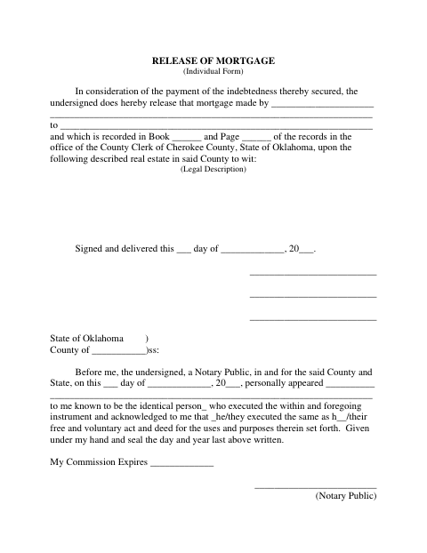 Release of Mortgage Individual, Cherokee County form, first page