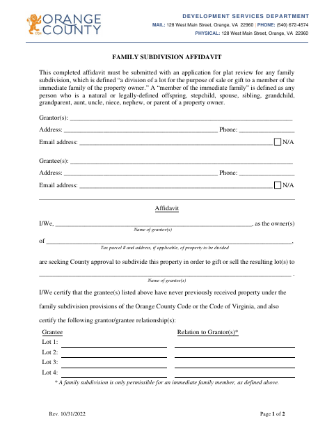 Family Subdivision Affidavit, Orange County form, first page