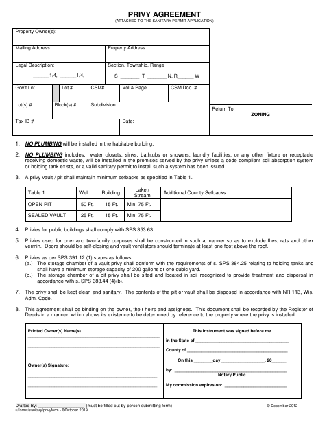 Privy Agreement, Bayfield County form, first page