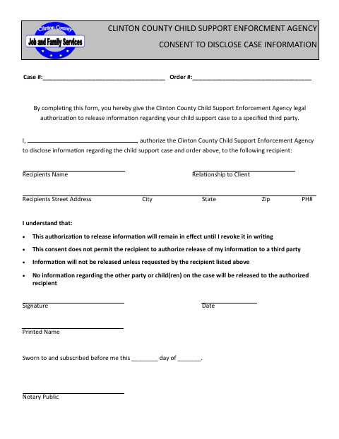 Consent to Disclose Case Information, Clinton County form, first page