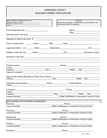 BUILDING PERMIT APPLICATION — Hernando County form, first page