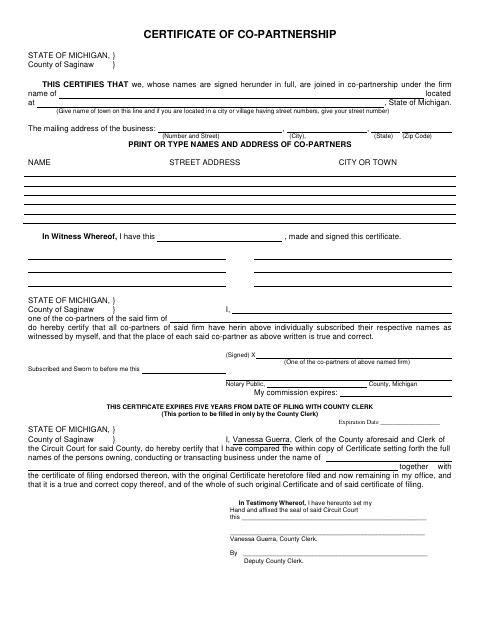 Certificate of Co-Partnership, Saginaw County form, first page
