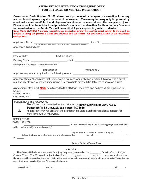 Affidavit for Jury Duty Exemption Due to Physical or Mental Impairment, Hays County form, first page