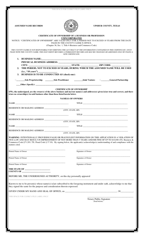 Certificate of Ownership of a Business or Profession, Upshur County form, first page