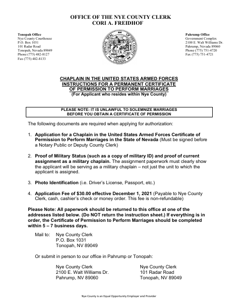 Armed Forces Chaplain Application for Certificate of Permission to Perform Marriages, Nye County form, first page