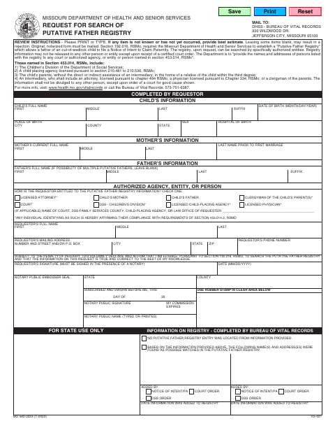MO 580-2223 Request for Search of Putative Father Registry first page