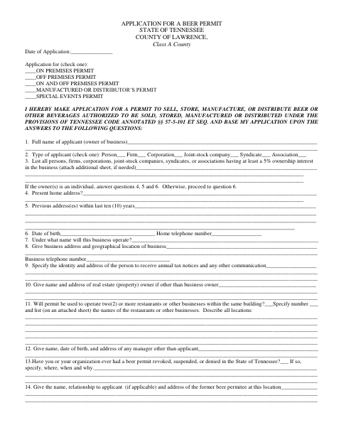 Application for a Beer Permit, Lawrence County form, first page
