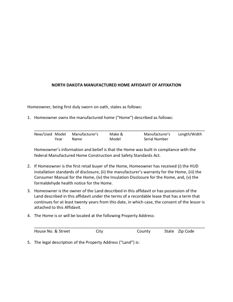 Manufactured Home Affidavit Of Affixation, Emmons County form, first page