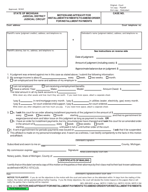 Motion and Affidavit for Installment Payments/To Amend Order for Installment Payments, Shiawassee County form, first page