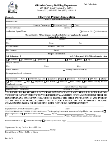 Electrical Permit Application — Gilchrist County form, first page