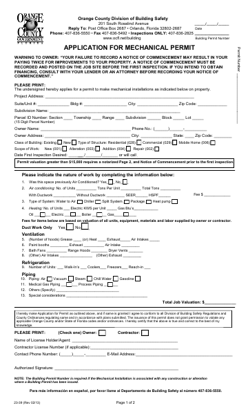 APPLICATION FOR MECHANICAL PERMIT — Orange County form, first page