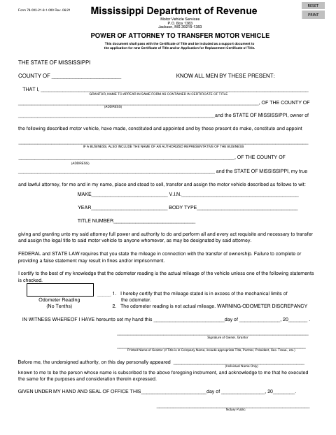 Form 78-003-21 Power of Attorney to Transfer Motor Vehicle first page
