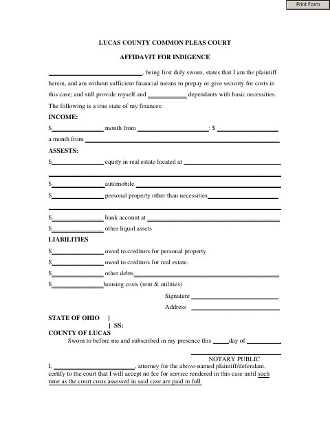 Affidavit of Indigence, Lucas County form, first page