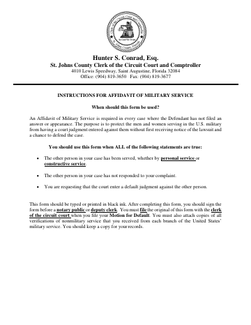 Instructions for Affidavit of Military Service — St. Johns County form, first page