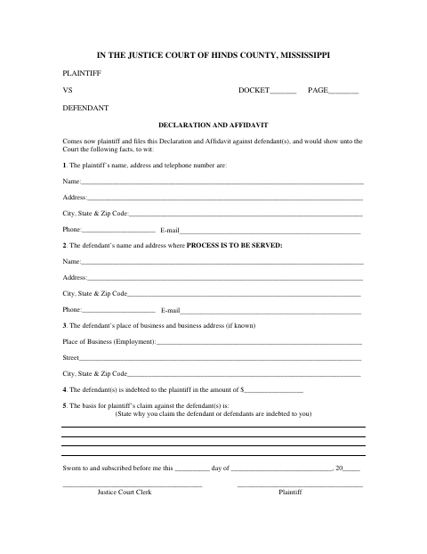 Declaration and Affidavit, Hinds County form, first page