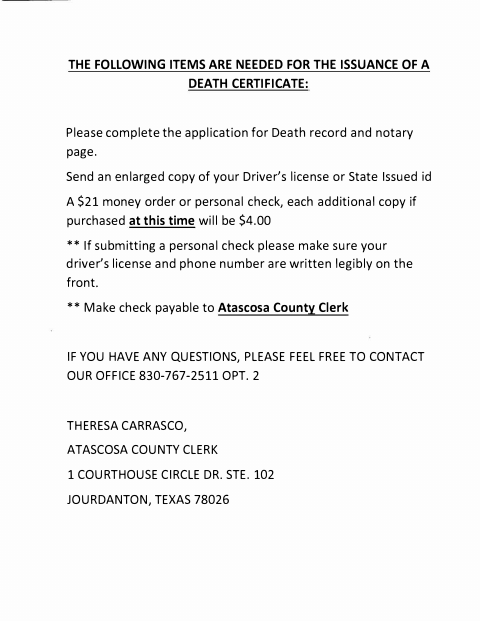 Application For Death Record, Atascosa County form, first page