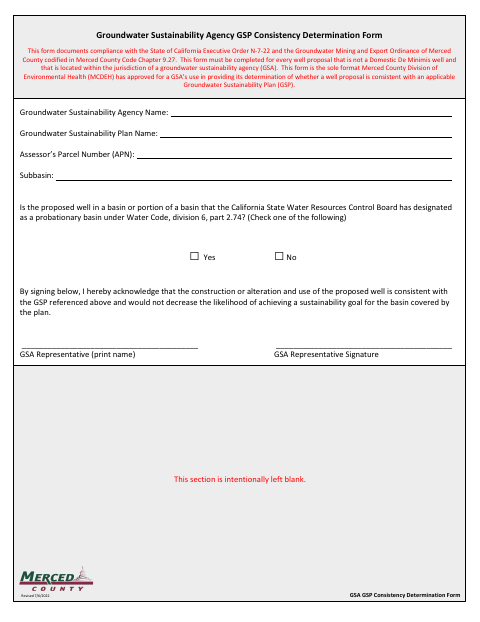 First page of the Groundwater Sustainability Agency GSP Consistency Determination Form