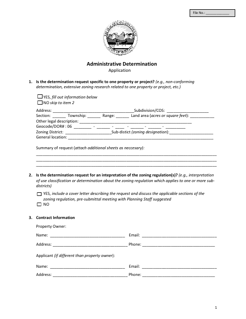 First page of the Administrative Determination Application
