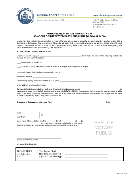 Property Tax Agent Authorization, Clark County form, first page