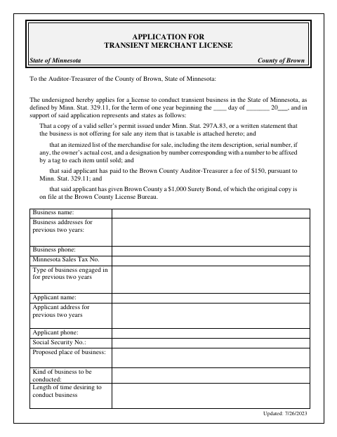 Application for Transient Merchant License, Brown County form, first page