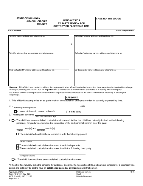 Affidavit For Ex Parte Motion For Custody Or Parenting Time, Grand Traverse County form, first page