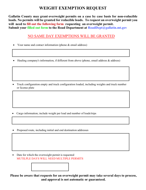 First page of the Weight Exemption Request