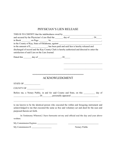 Physician’s Lien Release, Kay County form, first page
