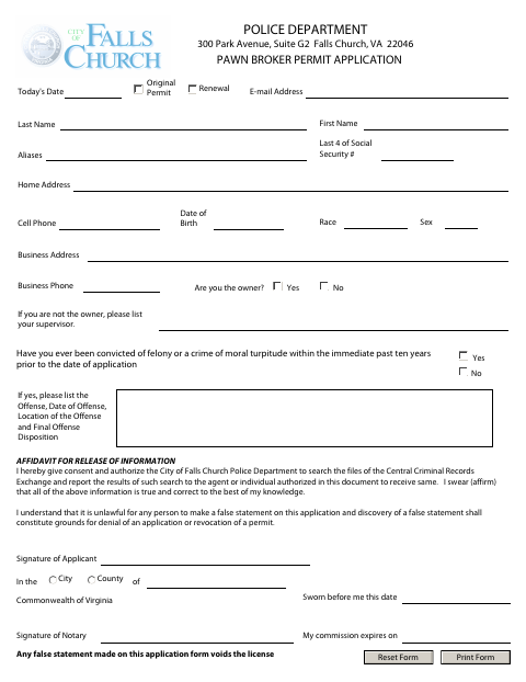 Pawnbroker Permit Application, City of Falls Church form, first page