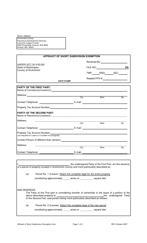 Affidavit of Short Subdivision Exemption, Snohomish County form, first page