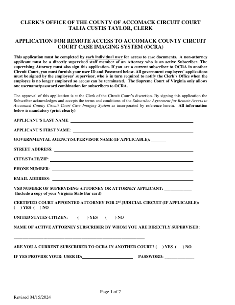 Application for Remote Access to Circuit Court Case Imaging System, Accomack County form, first page