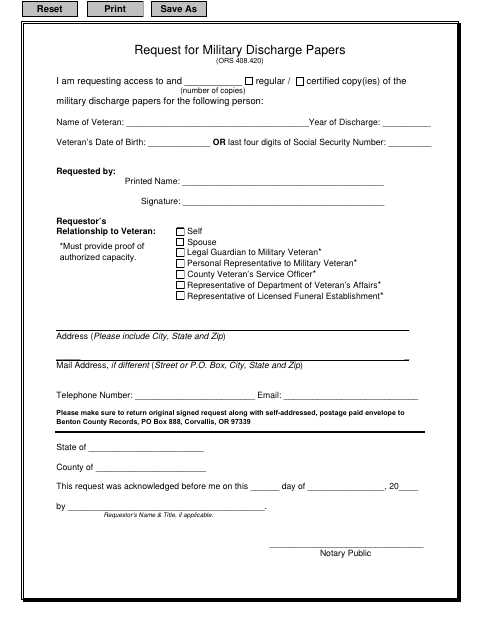 Request for Military Discharge Papers, Benton County form, first page