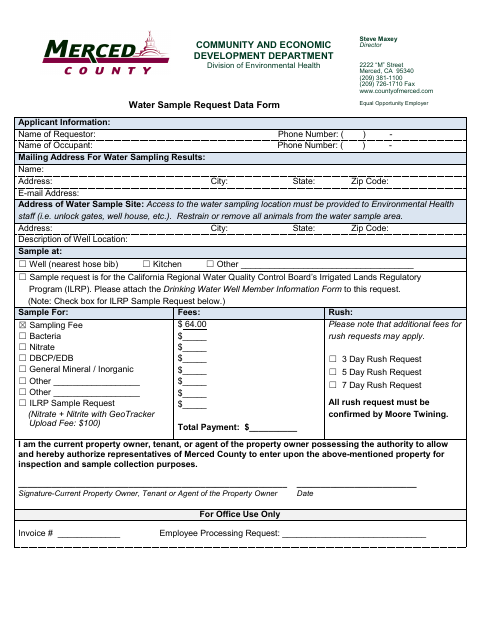 First page of the Water Sample Request Data Form