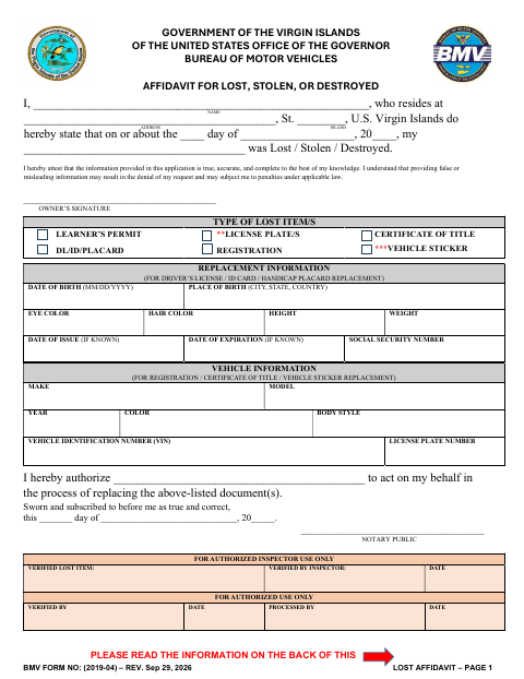 Affidavit for Lost, Stolen, or Destroyed Items (BMV Form 2019-04) first page