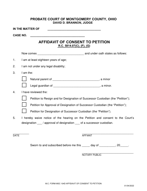 Affidavit of Consent to Petition, Montgomery County form, first page