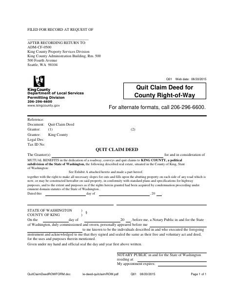 Quitclaim Deed for County Right-of-Way, King County form, first page