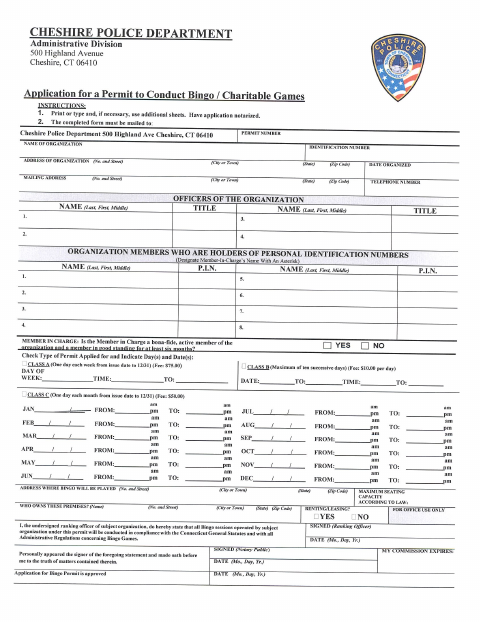 First page of the Bingo Permit Application