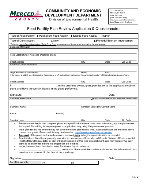 First page of the Food Facility Plan Review Application & Questionnaire
