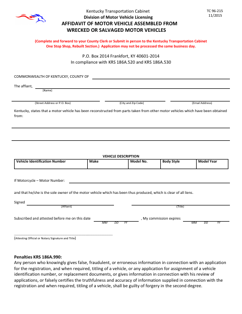 Affidavit Of Motor Vehicle Assembled From Wrecked Or Salvaged Motor Vehicles, Daviess County form, first page