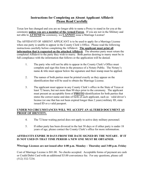 Affidavit of Absent Applicant, Bastrop County form, first page