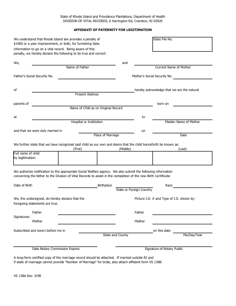 VS 138A Affidavit of Paternity for Legitimation first page