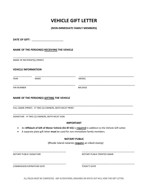 Vehicle Gift Letter (Non-Immediate Family Members) first page