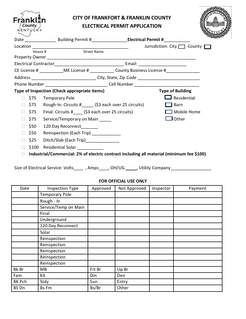 Electrical Permit Application, Franklin County form, first page