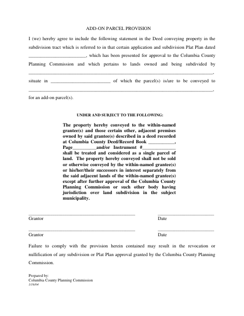 Add-On Parcel Provision, Columbia County form, first page