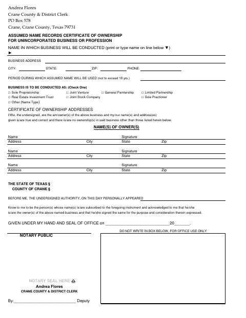 Certificate of Ownership for Unincorporated Business or Profession, Crane County form, first page