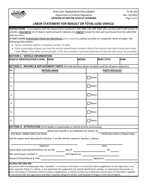 TC 96-353 Labor Statement for Rebuilt or Total-Loss Vehicle first page