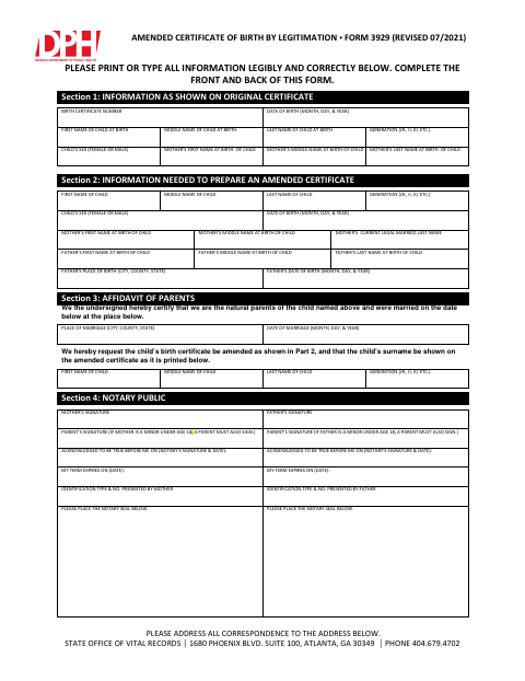 Application for an Amended Certificate of Birth by Legitimation (Form 3929) first page