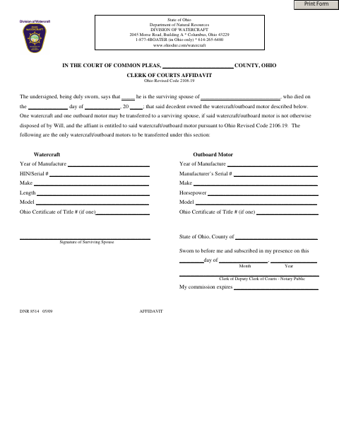 Watercraft and Outboard Motor Transfer Affidavit, Lucas County form, first page